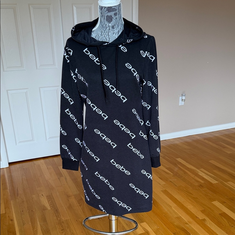 bebe Black Logo Hoodie Dress - Allover Script